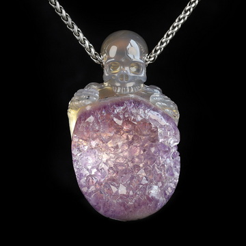 Necklace of 2.6" Agate Amethyst Geode Hand Carved Crystal Skull Pendant, Skull Jewelry