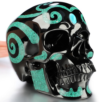 Lifesized 7.5" Black Obsidian and Malachite Inlay Hand Carved Crystal Skull with Turquoise Heaven Eye, Crystal Healing