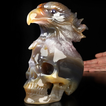 8.3" Premium Brazilian Agate Amethyst Geode Hand Carved Crystal Skull and Eagle Sculpture, Crystal Healing
