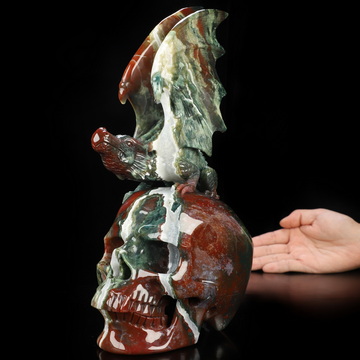 10.6" Indian Agate Hand Carved Crystal Skull and Dragon Fine Art Sculpture, Crystal Healing