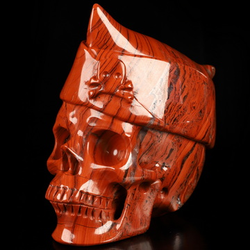 5.0" Red Jasper Hand Carved Crystal Skull and Navy Cap Sculpture, Crystal Healing