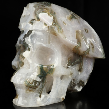 5.5" Green Moss Agate Hand Carved Beret Crystal Skull Sculpture, Crystal Healing