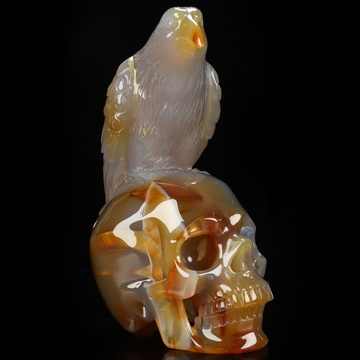 5.6" Carnelian Hand Carved Crystal Skull and Raven Sculpture, Crystal Healing