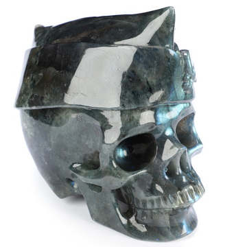 4.8" Labradorite Hand Carved Crystal Skull and Navy Cap Sculpture, Crystal Healing