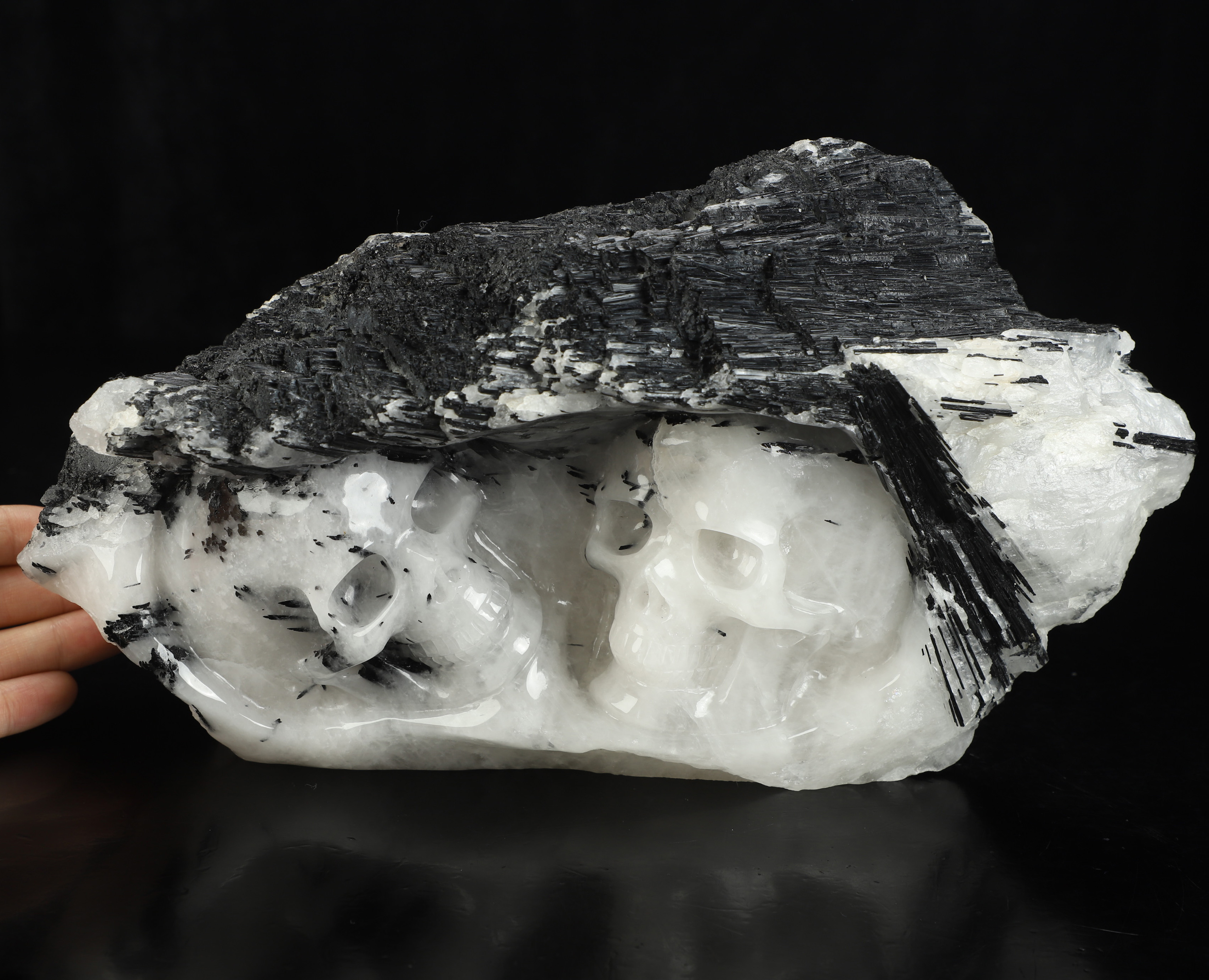 10.4" Black Tourmaline Hand Carved Crystal Skull Fine Art Sculpture, Crystal Healing