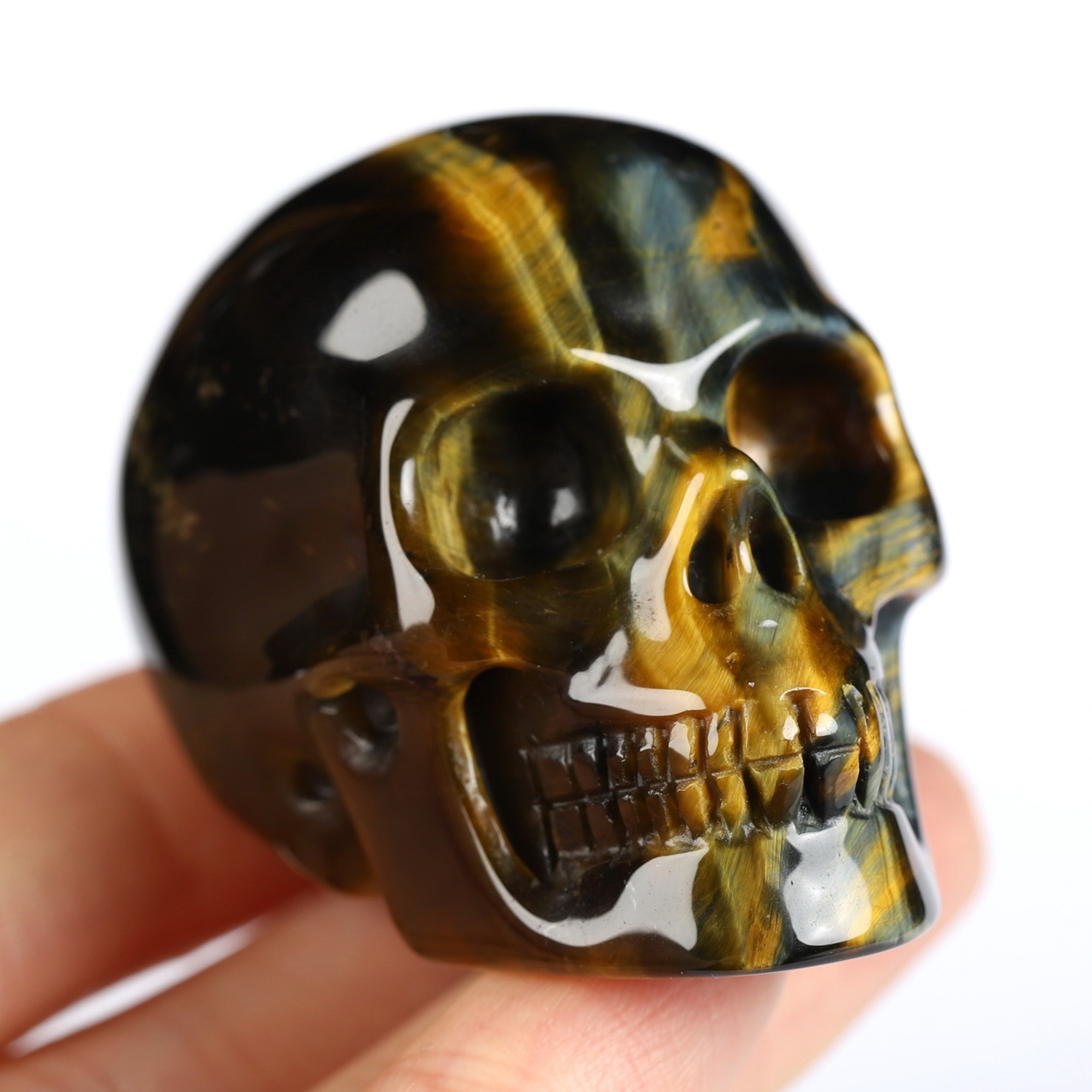 Gemstone 2.0" Blue & Gold Tiger's Eye Hand Carved Crystal Skull, Realistic, Crystal Healing