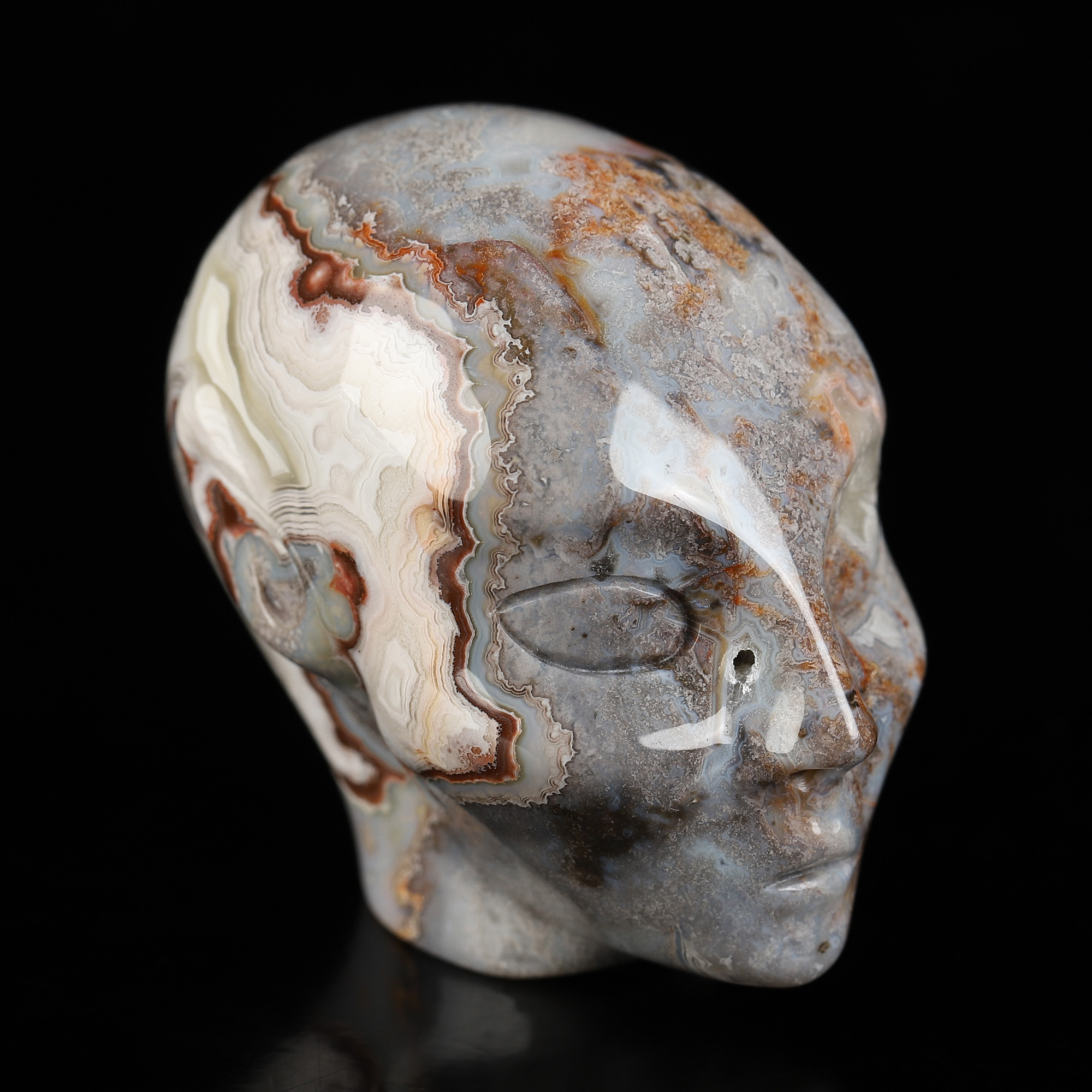 Gemstone 2.0" Red Crazy Lace Agate Hand Carved Fairy Elf Alien Crystal Skull Companion Sculpture, Crystal Healing