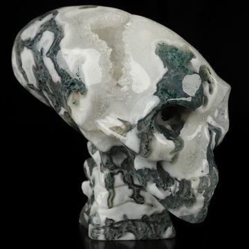 4.8" Green Moss Agate Geode Hand Carved Crystal Elongated Mayan Alien Skull with Spine Sculpture, Crystal Healing