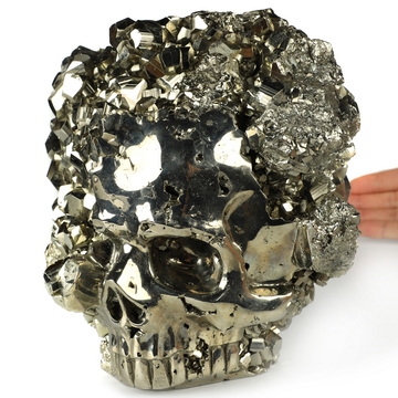 6.9" Pyrite Hand Carved Crystal Skull Fine Art Sculpture, Crystal Healing