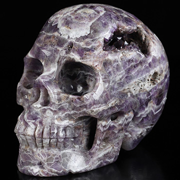 4.8" Dream Chevron Amethyst Geode Hand Carved Crystal Skull, Realistic, Crystal Healing