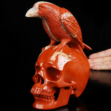 6.4" Red Jasper Hand Carved Crystal Skull and Raven Sculpture, Crystal Healing