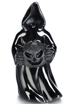 Halloween Decor, 5.0" Black Obsidian Hand Carved Death Crystal Skull and Pumpkin Sculpture, Crystal Healing