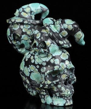 Halloween Decor, 3.0" Spider Web Turquoise Hand Carved Pumpkin and Crystal Skull Sculpture, Crystal Healing