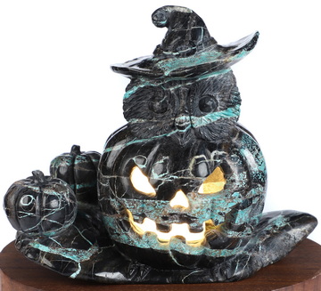 Halloween Decor, 5.0" Turquoise Hand Carved Pumpkin Crystal Skull Sculpture with Led Stand, Crystal Healing