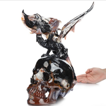 13.0" Black Zebra Agate Hand Carved Crystal Skull and Dragon Fine Art Sculpture, Crystal Healing