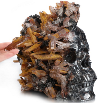 Lifesized 5.9" Limonite and Quartz Druse Hand Carved Crystal Skull, Crystal Healing