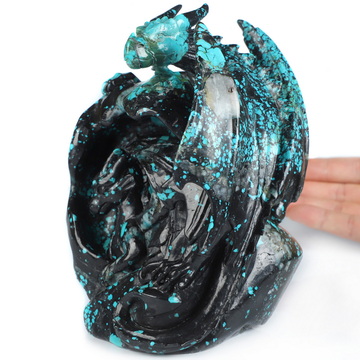 6.3" Turquoise Hand Carved Crystal Dragons Fine Art Sculpture, Crystal Healing