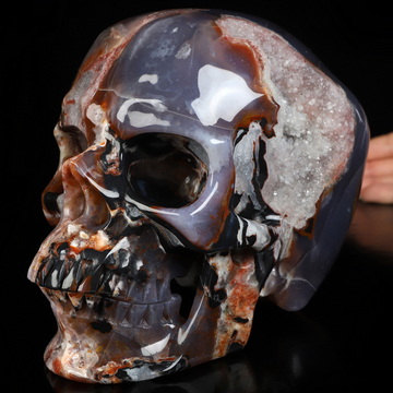 Lifesized 6.9" Black Zebra Agate Geode Hand Carved Crystal Skull, Super Realistic, Crystal Healing