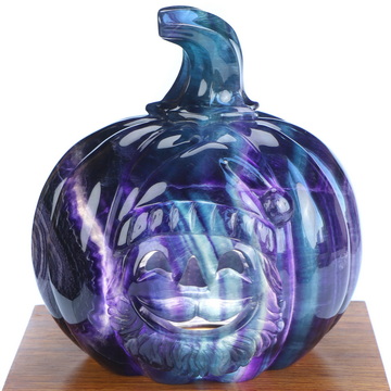 5.3" Fluorite Hand Carved Jack-O'-Lantern Pumpkin Hollow Crystal Skull Lamp/Light, Crystal Healing