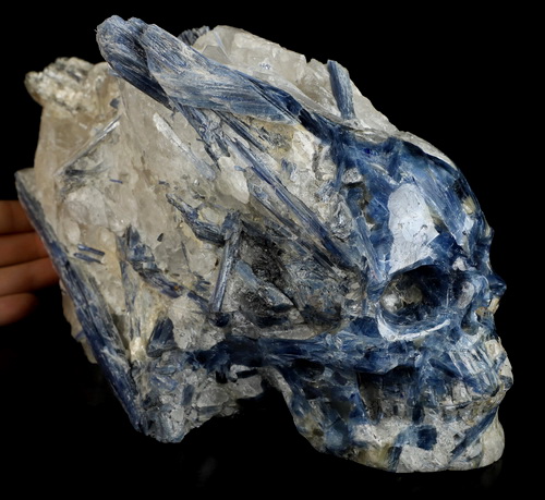 Gemstone 10.0" Kyanite Hand Carved Crystal Skull Fine Art Sculpture, Crystal Healing