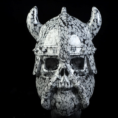 Viking Skull, 6.9" Snowflake Obsidian Hand Carved Crystal Skull Fine Art Sculpture, Crystal Healing