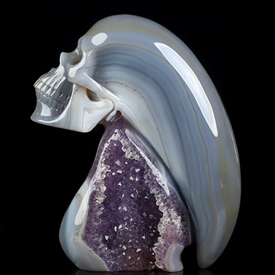6.1" Agate Amethyst Geode Hand Carved Crystal Skull Fine Art Sculpture, Crystal Healing