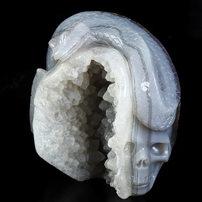 4.1" Agate Geode Hand Carved Crystal Skull and Snake Sculpture, Crystal Healing
