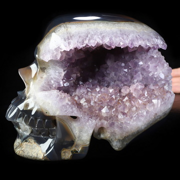 Lifesized 7.5" Agate Amethyst Geode Hand Carved Crystal Skull, Super Realistic, Crystal Healing