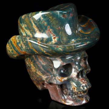 3.5" Bloodstone Hand Carved Cowboy Crystal Skull Fine Art Sculpture, Crystal Healing