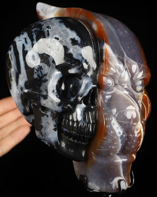 6.4" Black Zebra Agate Hand Carved Crystal Skull and Leopard Fine Art Sculpture, Crystal Healing