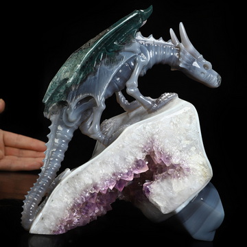 6.6" Agate Amethyst Geode Hand Carved Crystal Dragon Fine Art Sculpture, Crystal Healing