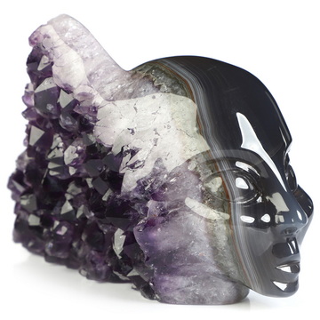 4.9" Agate Amethyst Druse Hand Carved Fairy Elf Alien Crystal Skull Companion Sculpture, Crystal Healing