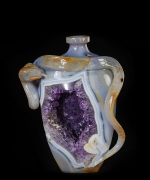 8.1" Agate Amethyst Geode Hand Carved Crystal Vase and Snake Sculpture, Crystal Healing