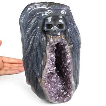 7.9" Agate Amethyst Geode Hand Carved Crystal Skull Fine Art Sculpture, Crystal Healing