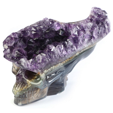 6.4" Agate Amethyst Geode Hand Carved Crystal Elongated Mayan Alien Skull with Spine Sculpture, Crystal Healing