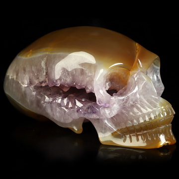 5.7" Premium Brazilian Agate Amethyst Geode Hand Carved Crystal Elongated Mayan Alien Skull Sculpture, Crystal Healing