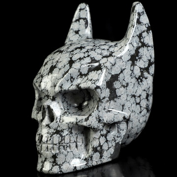 3.5" Snowflake Obsidian Hand Carved Batman Crystal Skull Fine Art Sculpture, Crystal Healing