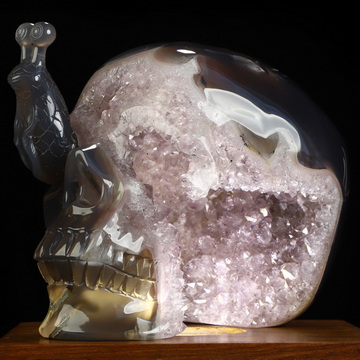5.9" Agate Amethyst Geode Hand Carved Snail Crystal Skull and Snail Sculpture, Crystal Healing