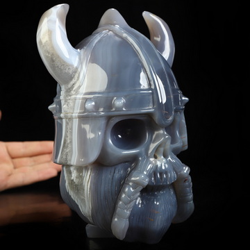 Viking Skull, 6.8" Premium Brazilian Agate Hand Carved Crystal Skull Fine Art Sculpture, Crystal Healing