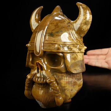 Viking Skull, 6.8" Indian Agate Hand Carved Crystal Skull Fine Art Sculpture, Crystal Healing