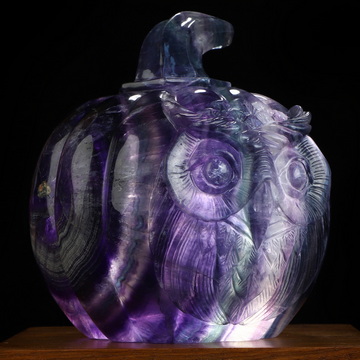5.2" Fluorite Hand Carved Hollow Crystal Owl Pumpkin Fine Art Sculpture Lamp/Light, Crystal Healing