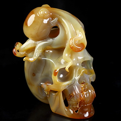 5.3" Carnelian Hand Carved Crystal Skull and Octopus Fine Art Sculpture, Crystal Healing