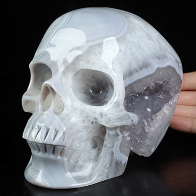 5.9" Agate Geode Hand Carved Crystal Skull, Super Realistic, Crystal Healing