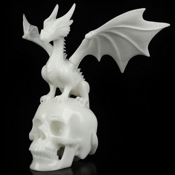 10.2" White Jade Hand Carved Crystal Skull and Dragon, Detachable Wings, Fine Art Sculpture, Crystal Healing