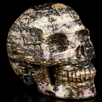 4.4" Pink & Black Rhodonite Hand Carved Crystal Skull, Realistic, Crystal Healing