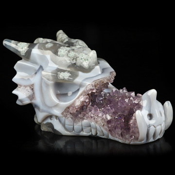 5.3" Agate Amethyst Geode Hand Carved Crystal Dragon Skull Sculpture, Crystal Healing