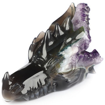 6.5" Agate Amethyst Geode Hand Carved Crystal Dragon Head Skull Sculpture, Crystal Healing