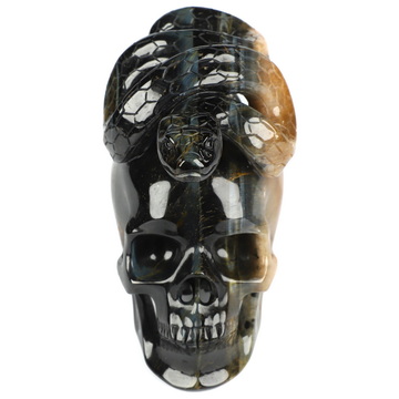 5.3" Blue & Gold Tiger's Eye Hand Carved Crystal Skull and Snake Sculpture, Crystal Healing