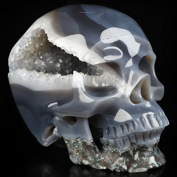 5.5" Agate Geode Hand Carved Crystal Skull, Super Realistic, Crystal Healing