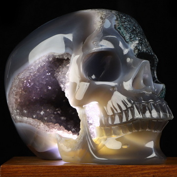 Lifesized 6.5" Agate Amethyst Geode Hand Carved Crystal Skull, Super Realistic, Crystal Healing